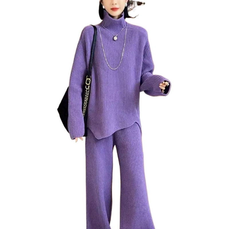 Set two-piece tricotat pentru iarnă, pulover și pantaloni, mâneci lungi, costum casual cu pantaloni, material poliester și fibră de celuloză regenerată