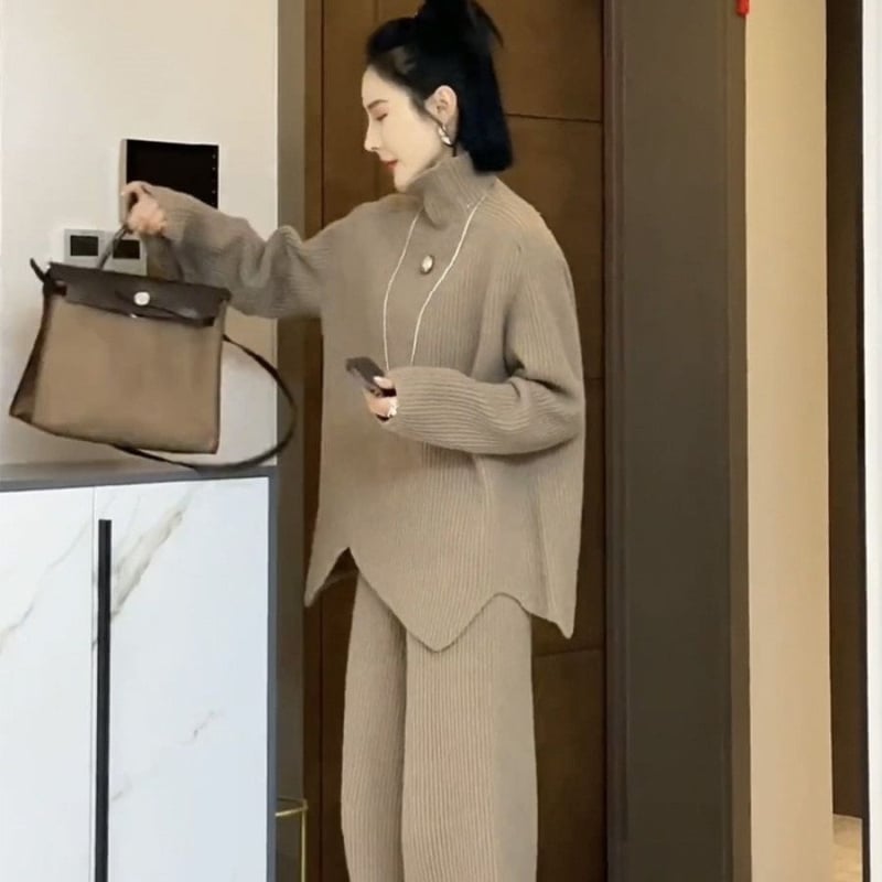 Set two-piece tricotat pentru iarnă, pulover și pantaloni, mâneci lungi, costum casual cu pantaloni, material poliester și fibră de celuloză regenerată