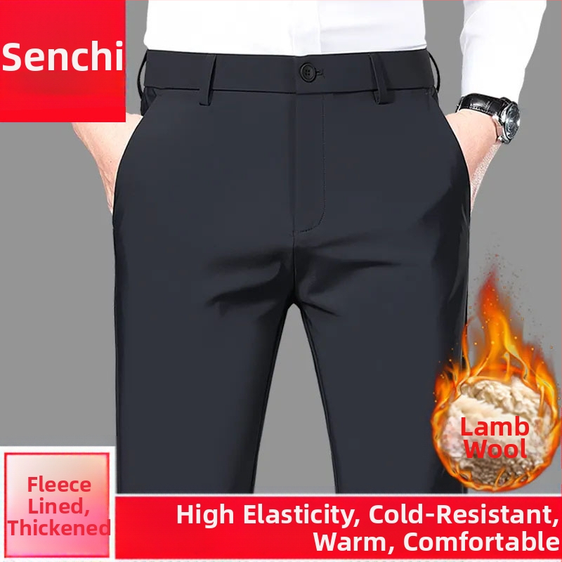 Pantaloni de costum pentru bărbați, căptușiți cu căptușeală de polar, calzi, cu elasticitate ridicată, croială dreaptă, buzunare decorative, stil de afaceri de iarnă