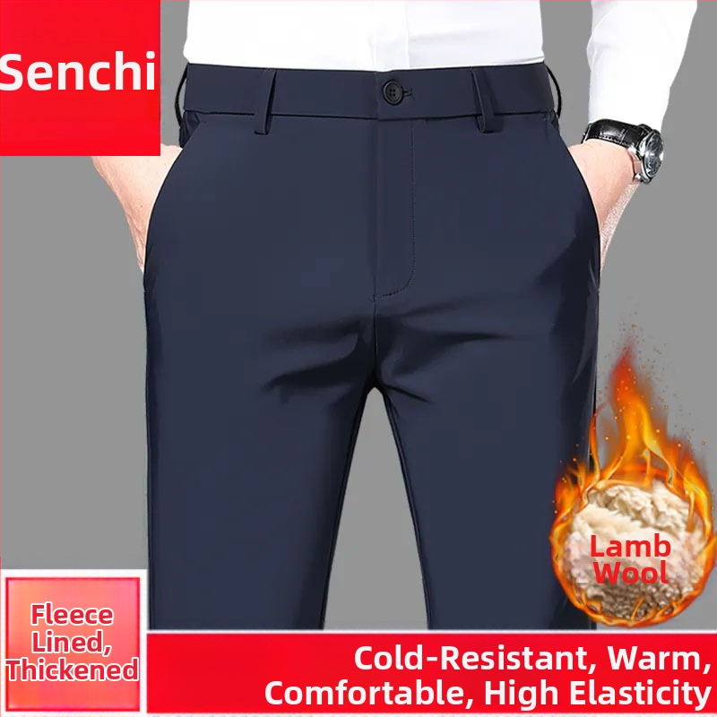 Pantaloni de costum pentru bărbați, căptușiți cu căptușeală de polar, calzi, cu elasticitate ridicată, croială dreaptă, buzunare decorative, stil de afaceri de iarnă