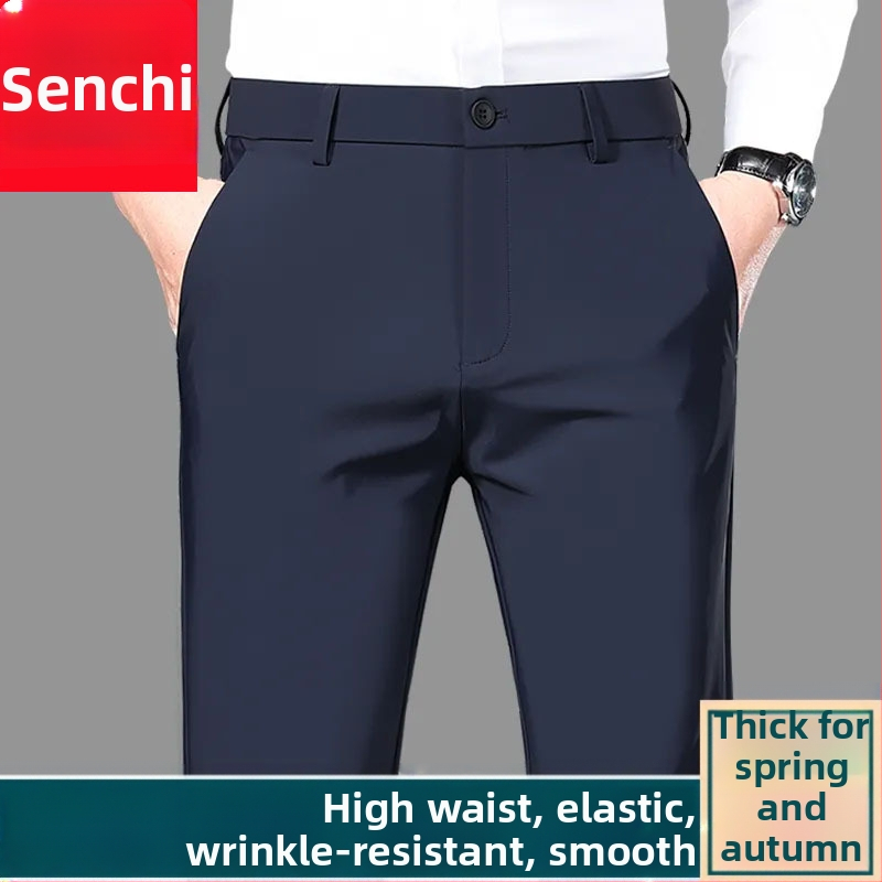 Pantaloni de costum pentru bărbați, căptușiți cu căptușeală de polar, calzi, cu elasticitate ridicată, croială dreaptă, buzunare decorative, stil de afaceri de iarnă