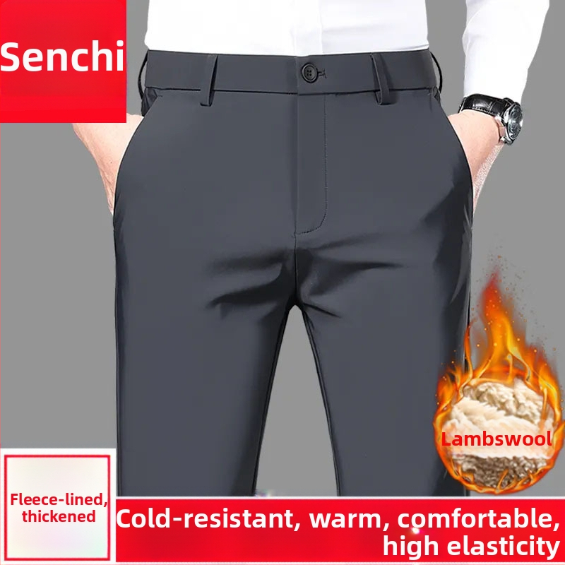 Pantaloni de costum pentru bărbați, căptușiți cu căptușeală de polar, calzi, cu elasticitate ridicată, croială dreaptă, buzunare decorative, stil de afaceri de iarnă