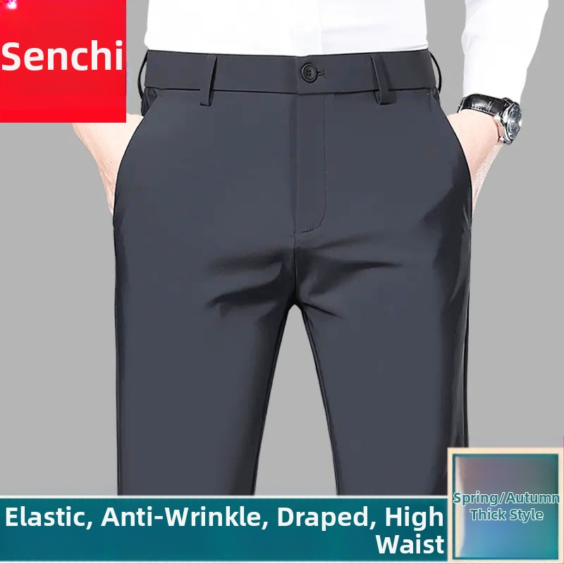 Pantaloni de costum pentru bărbați, căptușiți cu căptușeală de polar, calzi, cu elasticitate ridicată, croială dreaptă, buzunare decorative, stil de afaceri de iarnă