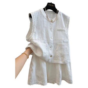 Costum din in pentru femei, două piese: top fără mâneci și șorturi, stil Royal Sister, compoziție 30–50% in și spandex, primăvară 2025