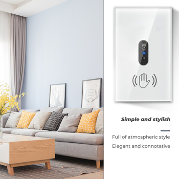 Διακόπτης χωρίς επαφή υπέρυθρου αισθητήρα με ανίχνευση ανθρώπινου σώματος και πάνελ φωνητικού ελέγχου | Τάση AC90-250V, Ρεύμα 10A, Απόσταση οπών εγκατάστασης 118×72 mm, πάνελ από θερμοσκληρυμένο γυαλί, ζωή ≥10.000 κύκλοι