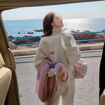 Női két részes kardigános szett, hosszú ujjú, nadrág 3/4, báránygyapjú keverék PVC és spandex, téli, Korean-Style