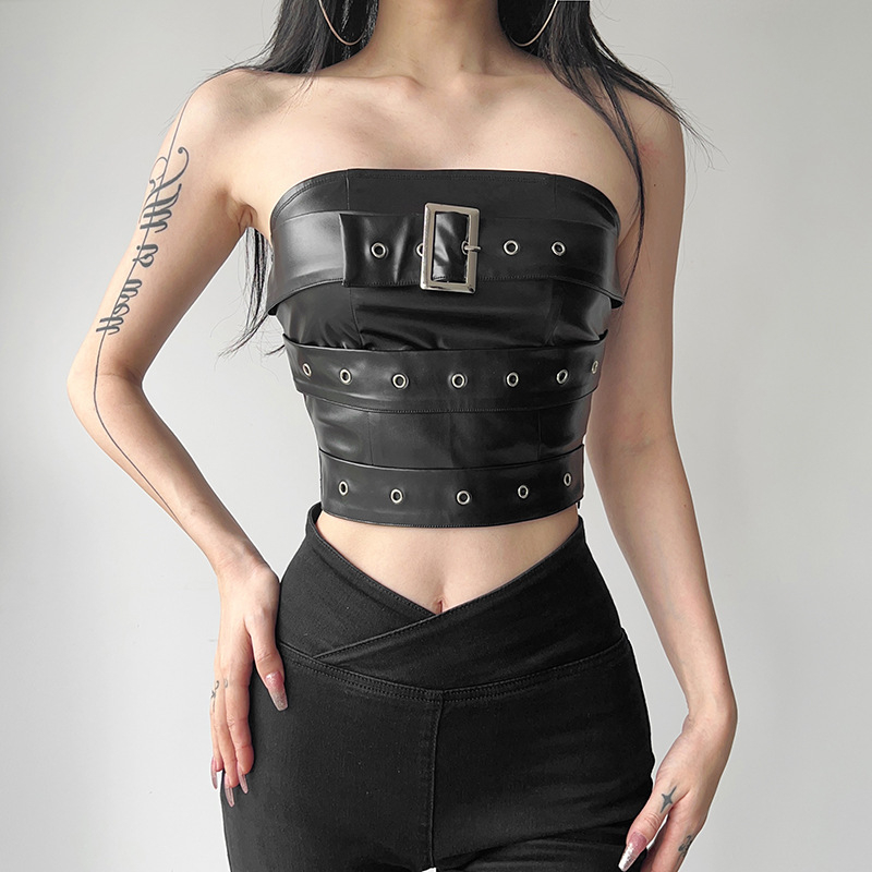 Crop top bez naramenica s wrapom na prsima, poliester, jednobojna, ljeto 2024