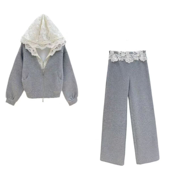 Ženski dvodijelni komplet s kapuljačom i hlačama, geometrijski uzorak, patchwork čipka – poliester, zimska 2025, japansko-korejski casual stil