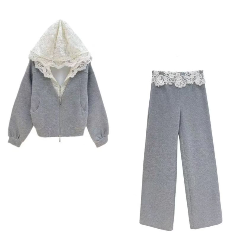 Ženski dvodijelni komplet s kapuljačom i hlačama, geometrijski uzorak, patchwork čipka – poliester, zimska 2025, japansko-korejski casual stil