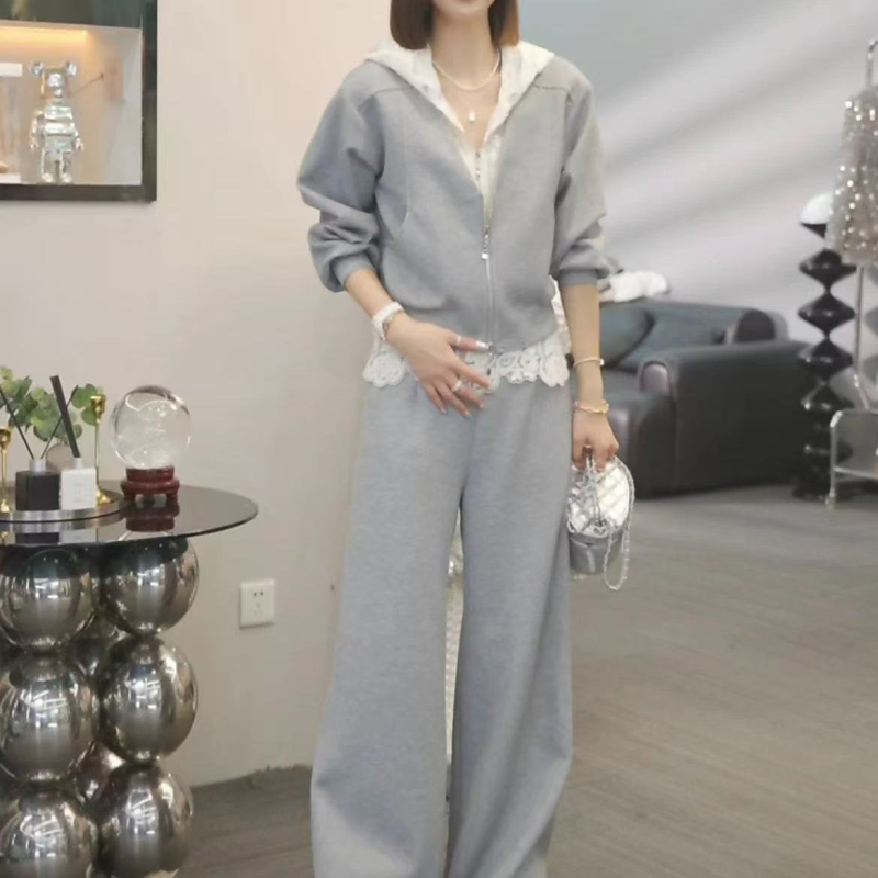 Ženski dvodijelni komplet s kapuljačom i hlačama, geometrijski uzorak, patchwork čipka – poliester, zimska 2025, japansko-korejski casual stil