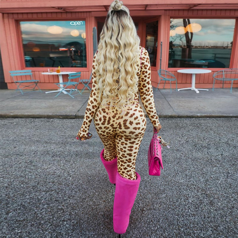 Ženski leopard print kapuljačasti komplet s hlačama, dugi rukavi, poliester 90–95%, street hipster stil