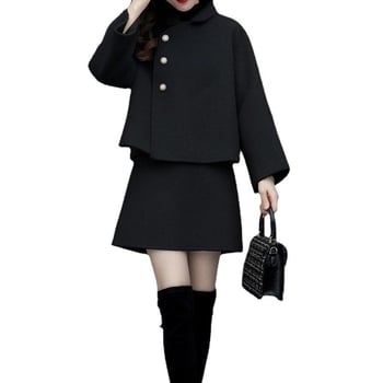 Dvodijelni vuneni set: jakna i kratka suknja, elegantan gradski stil, poliester baza
