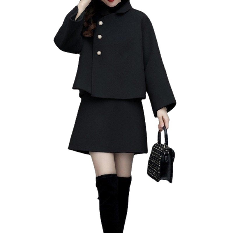 Dvodijelni vuneni set: jakna i kratka suknja, elegantan gradski stil, poliester baza
