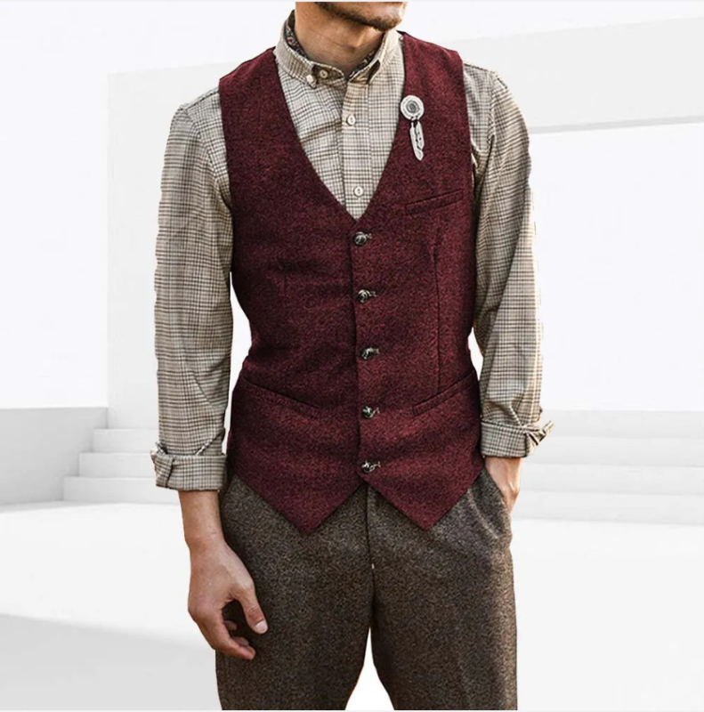 Ανδρικό γιλέκο κοστουμιού, V-λαιμό, στενή γραμμή, μονόμπροστο, μονόχρωμο, επένδυση από νάιλον