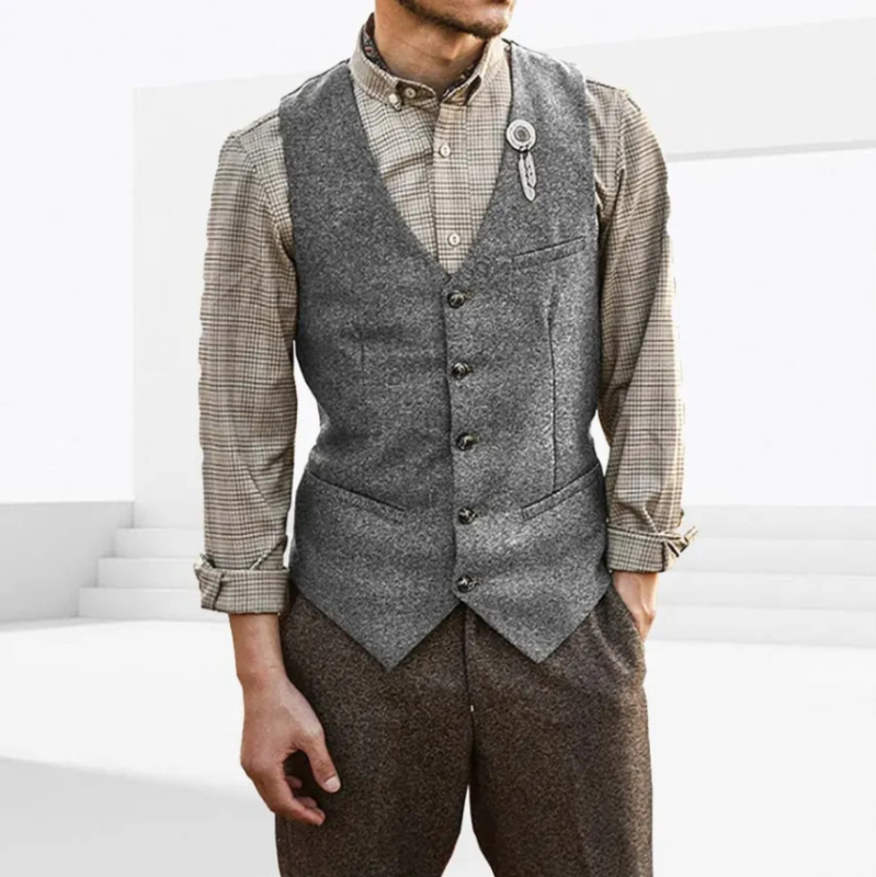 Ανδρικό γιλέκο κοστουμιού, V-λαιμό, στενή γραμμή, μονόμπροστο, μονόχρωμο, επένδυση από νάιλον