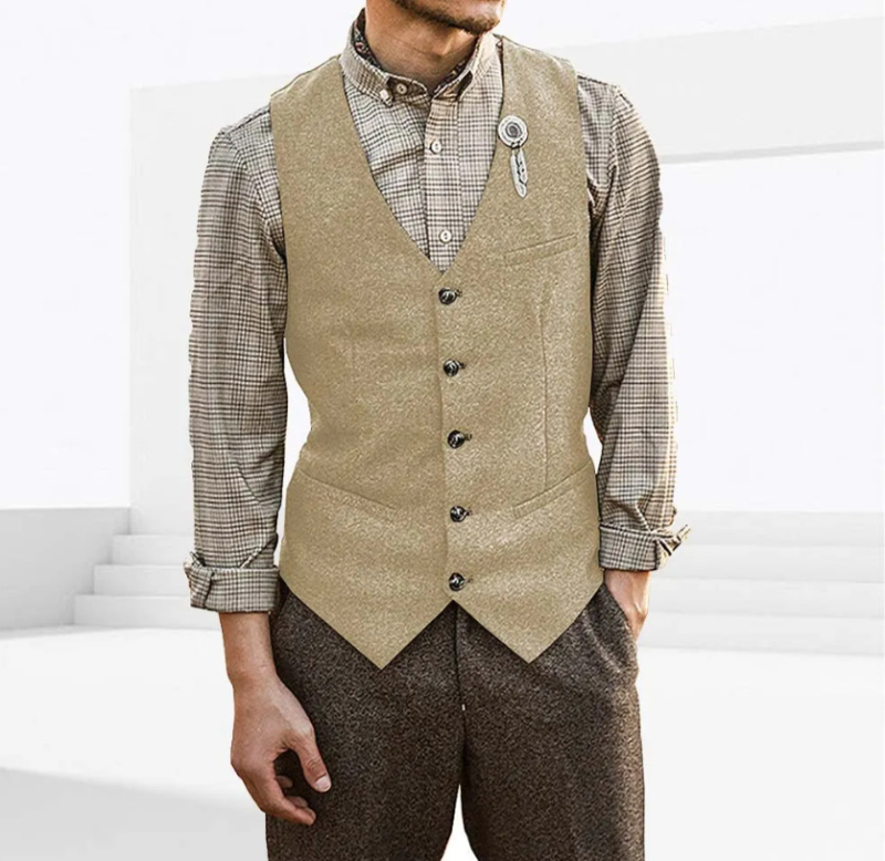 Ανδρικό γιλέκο κοστουμιού, V-λαιμό, στενή γραμμή, μονόμπροστο, μονόχρωμο, επένδυση από νάιλον