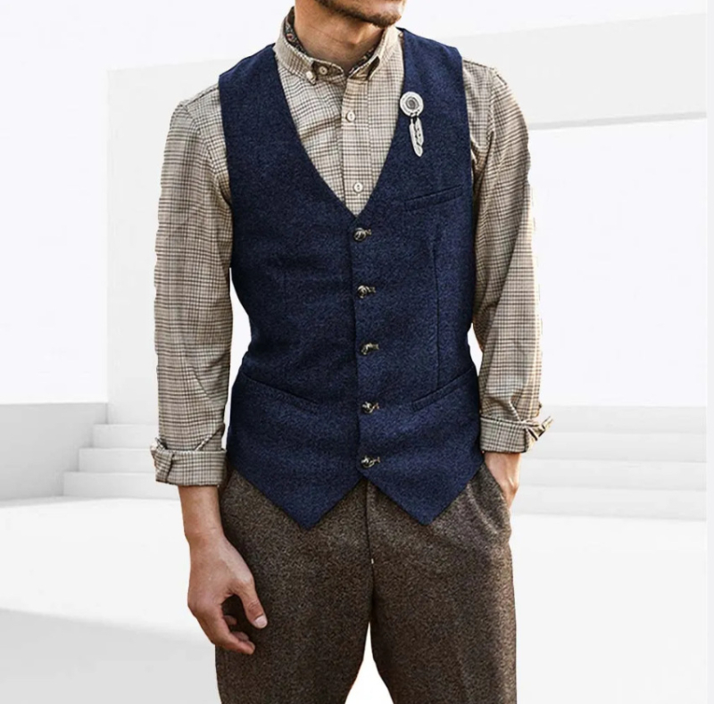 Ανδρικό γιλέκο κοστουμιού, V-λαιμό, στενή γραμμή, μονόμπροστο, μονόχρωμο, επένδυση από νάιλον