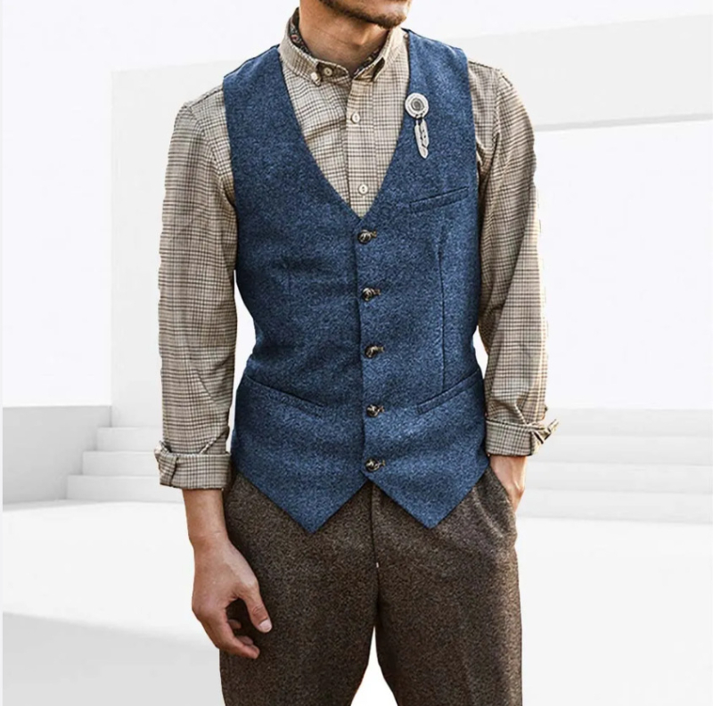 Ανδρικό γιλέκο κοστουμιού, V-λαιμό, στενή γραμμή, μονόμπροστο, μονόχρωμο, επένδυση από νάιλον