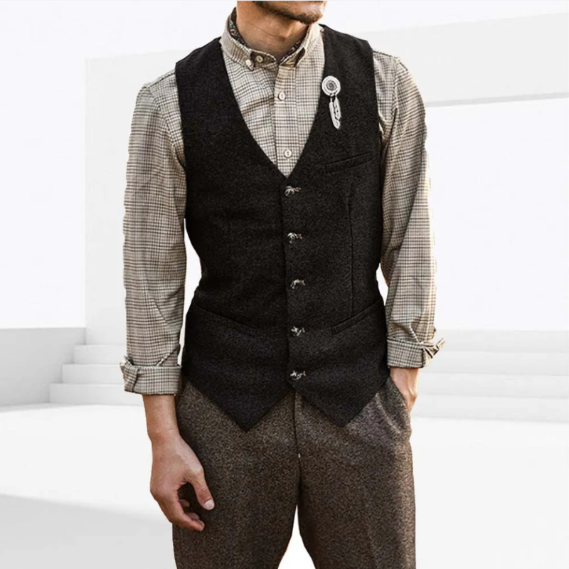 Ανδρικό γιλέκο κοστουμιού, V-λαιμό, στενή γραμμή, μονόμπροστο, μονόχρωμο, επένδυση από νάιλον