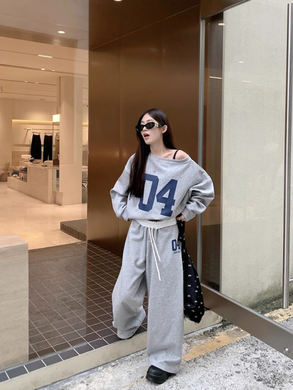 Dvodjelni set: top s otvorenim ramenima i printom te široke hlače, poliester, casual stil