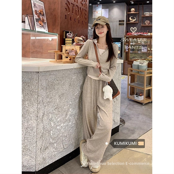 Set din două piese casual sport, top cu mânecă lungă și pantaloni cu talie înaltă și croială largă; material poliester-spandex; primăvara 2024