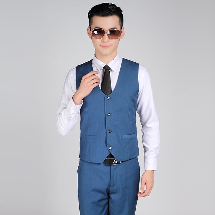 Muška veste u korejskom stilu - uski kroj, jednostruko kopčanje, V-izrez, 70% poliester tkanina s poliesterom podstavom