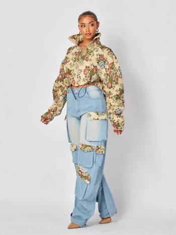 Ženski kostim s hlačama, floralni jacquard pamuk – radni stil, gradski stil, duge rukave, Proljeće 2025