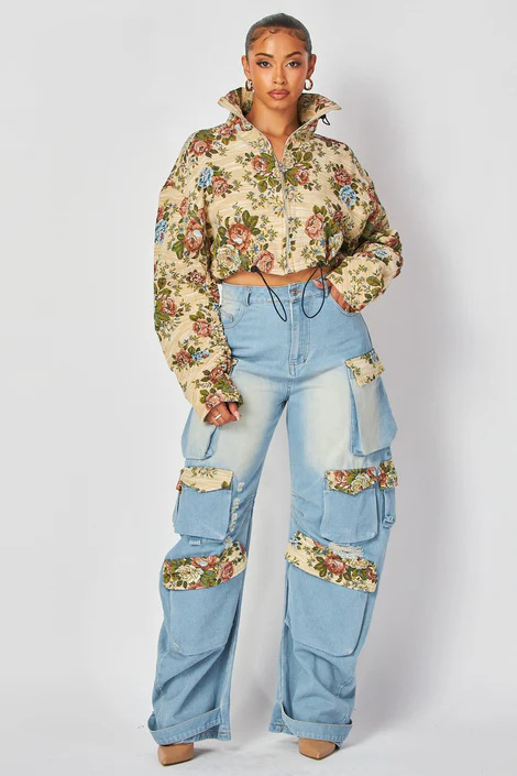 Ženski kostim s hlačama, floralni jacquard pamuk – radni stil, gradski stil, duge rukave, Proljeće 2025
