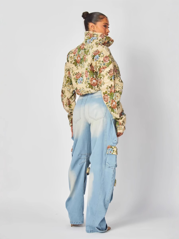 Ženski kostim s hlačama, floralni jacquard pamuk – radni stil, gradski stil, duge rukave, Proljeće 2025