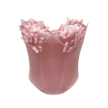 Bustier top bez naramenica od satena s motivom leptira, 90–95% poliester i spandeks