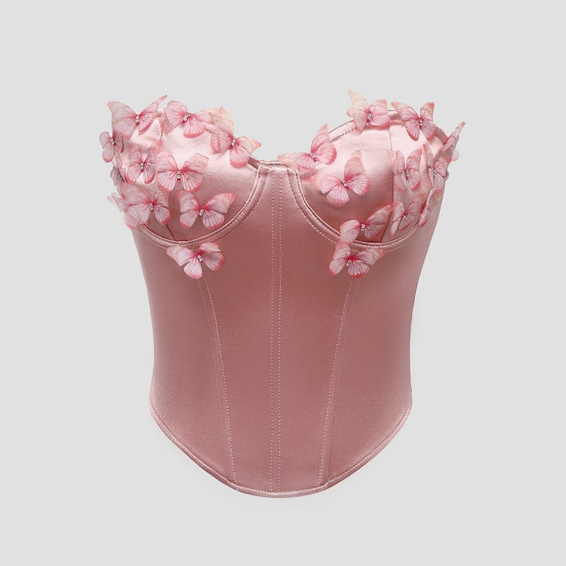 Bustier top bez naramenica od satena s motivom leptira, 90–95% poliester i spandeks