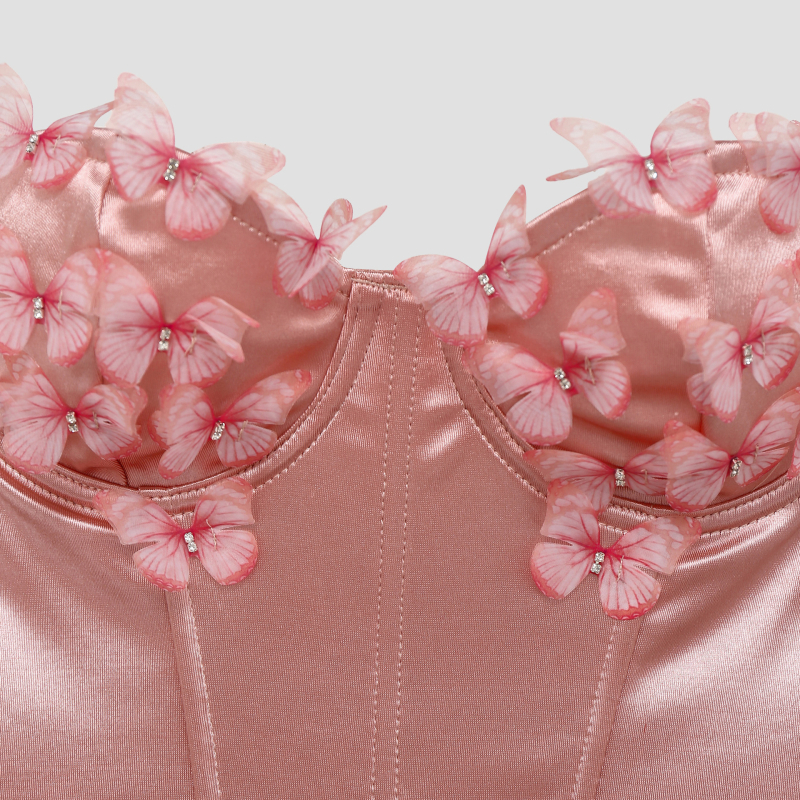 Bustier top bez naramenica od satena s motivom leptira, 90–95% poliester i spandeks
