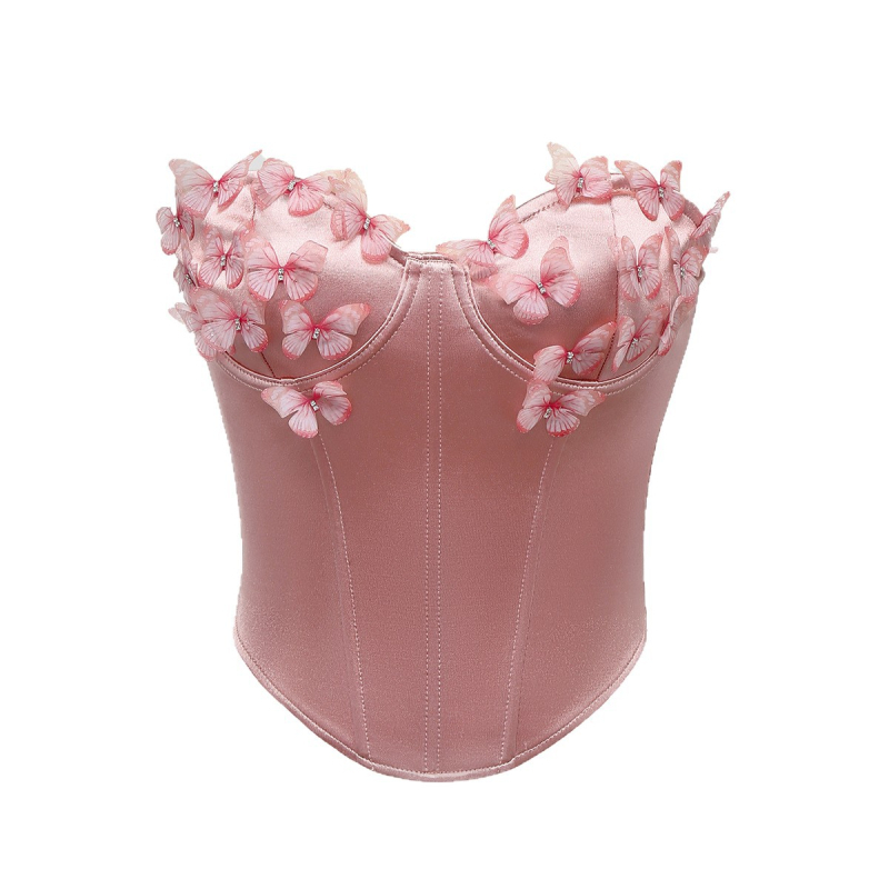 Bustier top bez naramenica od satena s motivom leptira, 90–95% poliester i spandeks