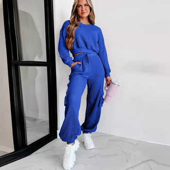 Ženski dvodijelni kostim: top s dugim rukavima u vafl stilu i široke hlače, quiltovan izgled, poliester-spandeks, jesen 2025 (Quilted; Waffle Knit; 2-Piece; Polyester-Spandex)