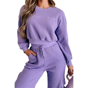 Ženski dvodijelni kostim: top s dugim rukavima u vafl stilu i široke hlače, quiltovan izgled, poliester-spandeks, jesen 2025 (Quilted; Waffle Knit; 2-Piece; Polyester-Spandex)