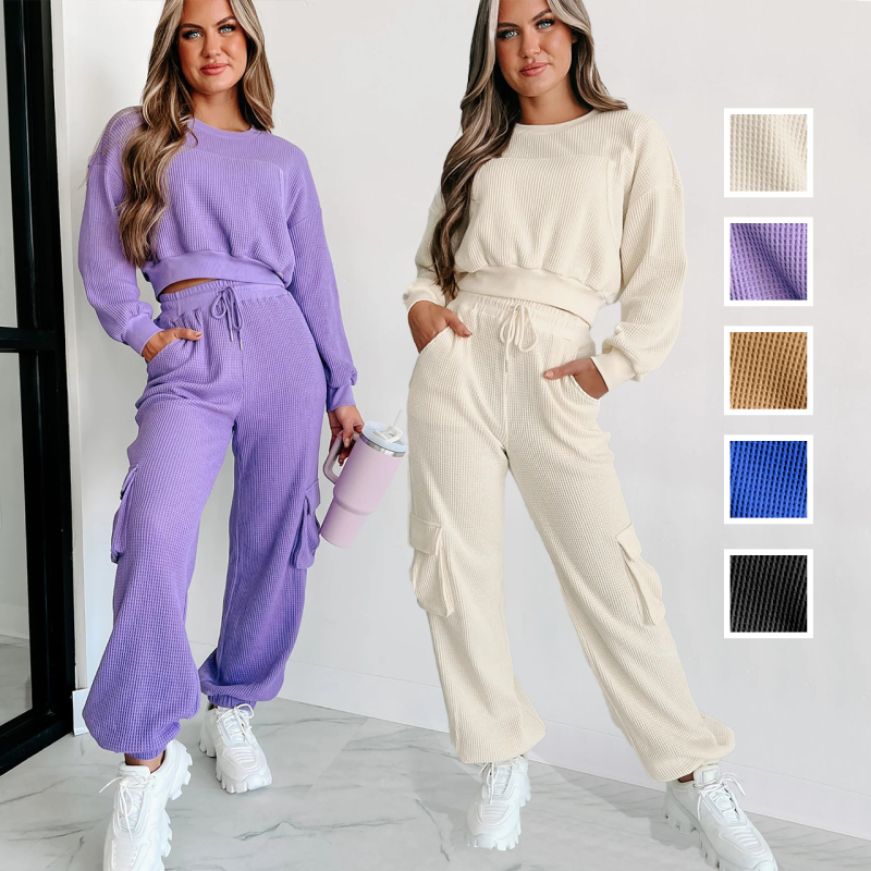 Ženski dvodijelni kostim: top s dugim rukavima u vafl stilu i široke hlače, quiltovan izgled, poliester-spandeks, jesen 2025 (Quilted; Waffle Knit; 2-Piece; Polyester-Spandex)