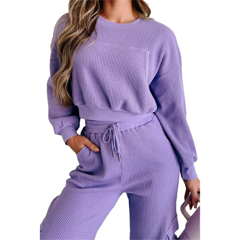 Ženski dvodijelni kostim: top s dugim rukavima u vafl stilu i široke hlače, quiltovan izgled, poliester-spandeks, jesen 2025 (Quilted; Waffle Knit; 2-Piece; Polyester-Spandex)