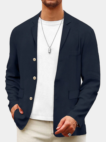 Sacou casual pentru bărbați, croială lejeră, amestec bumbac-lin, guler costum, nasturi trei