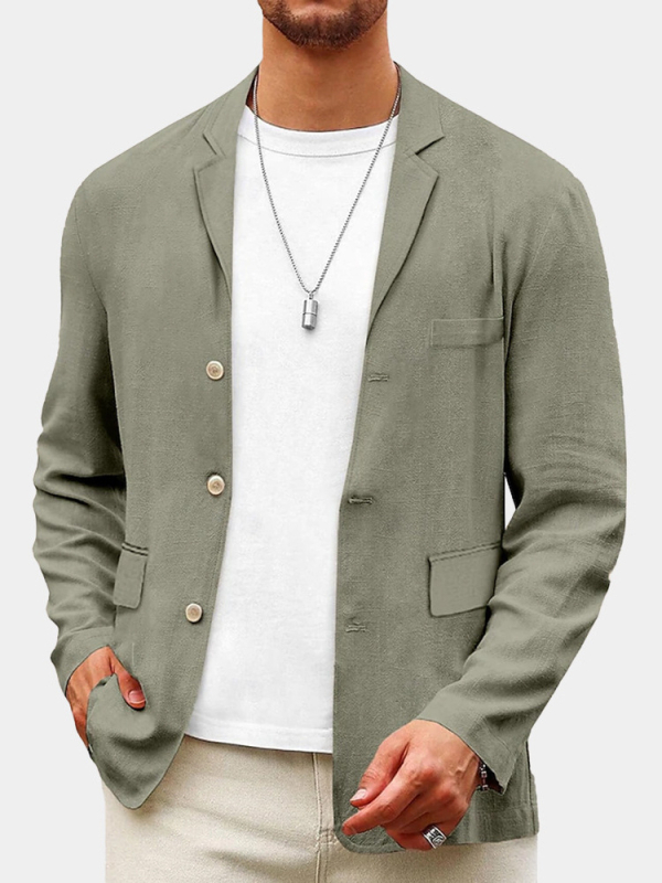 Sacou casual pentru bărbați, croială lejeră, amestec bumbac-lin, guler costum, nasturi trei
