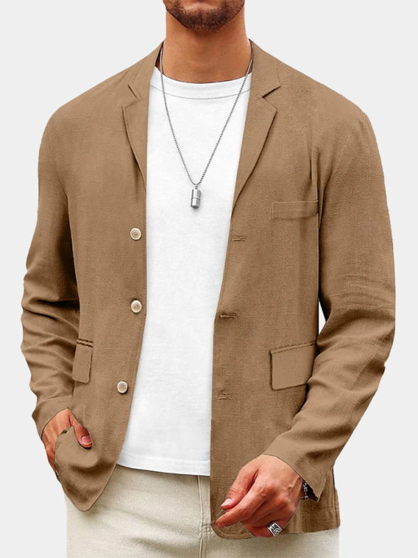 Sacou casual pentru bărbați, croială lejeră, amestec bumbac-lin, guler costum, nasturi trei