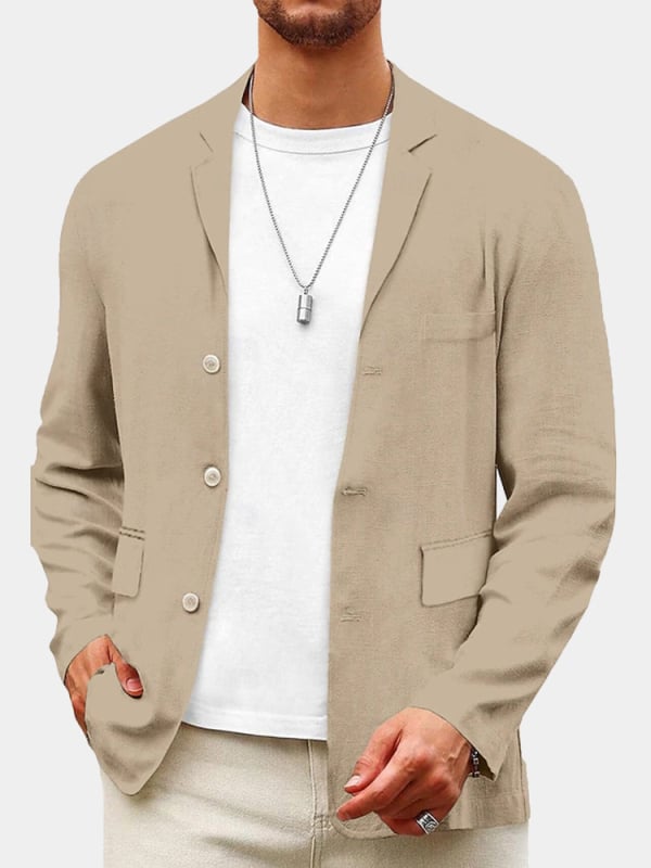 Sacou casual pentru bărbați, croială lejeră, amestec bumbac-lin, guler costum, nasturi trei