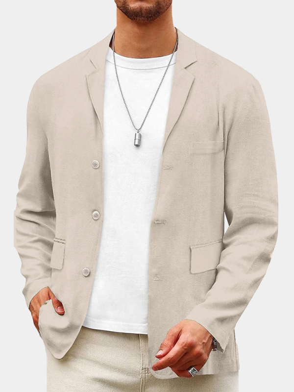 Sacou casual pentru bărbați, croială lejeră, amestec bumbac-lin, guler costum, nasturi trei