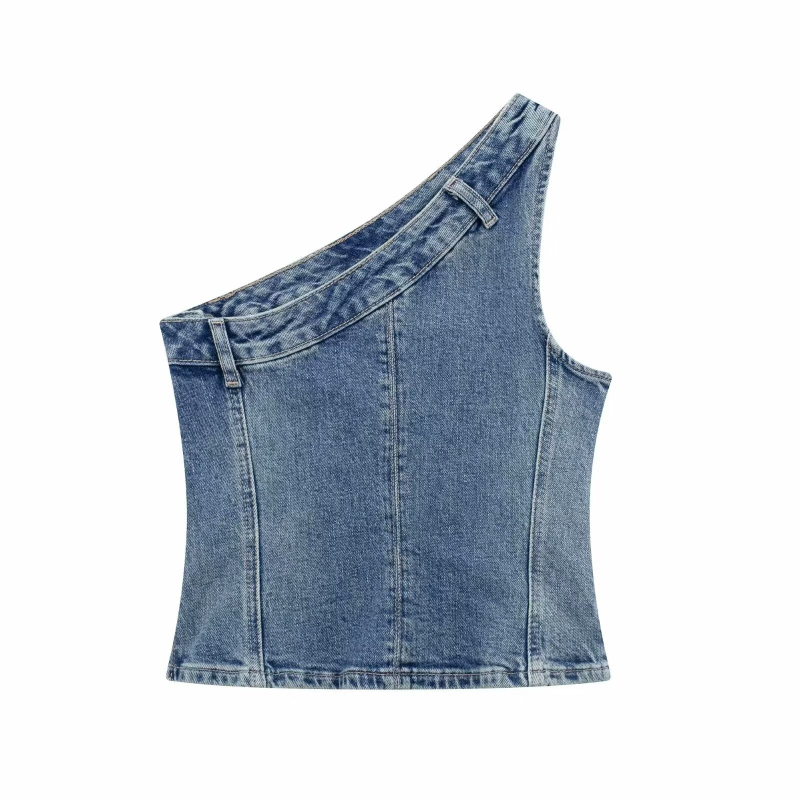 Džins top s asimetričnim ovratnikom, retro američki stil, uski kroj, s jednom ramenom