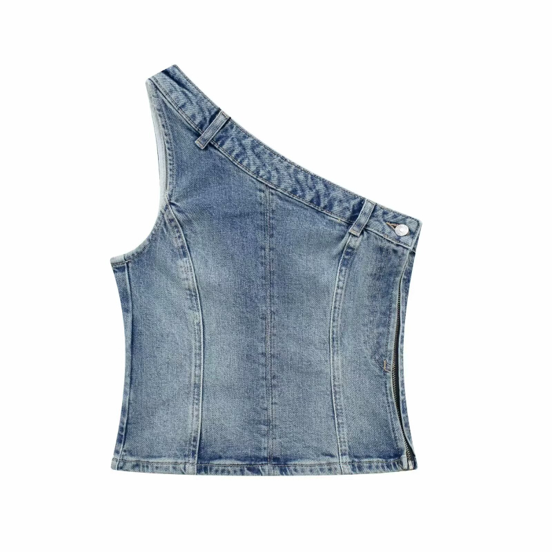 Džins top s asimetričnim ovratnikom, retro američki stil, uski kroj, s jednom ramenom