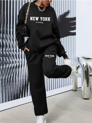 Costum de damă din două piese, casual, cu imprimeu litere, din poliester, guler rotund, mâneci lungi, iarna 2024