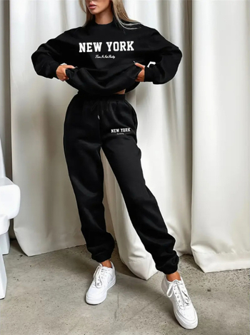 Costum de damă din două piese, casual, cu imprimeu litere, din poliester, guler rotund, mâneci lungi, iarna 2024