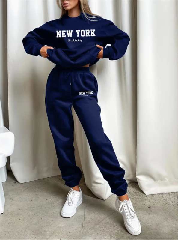 Costum de damă din două piese, casual, cu imprimeu litere, din poliester, guler rotund, mâneci lungi, iarna 2024