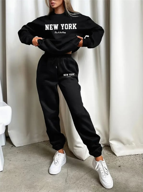 Costum de damă din două piese, casual, cu imprimeu litere, din poliester, guler rotund, mâneci lungi, iarna 2024