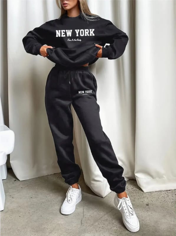 Costum de damă din două piese, casual, cu imprimeu litere, din poliester, guler rotund, mâneci lungi, iarna 2024