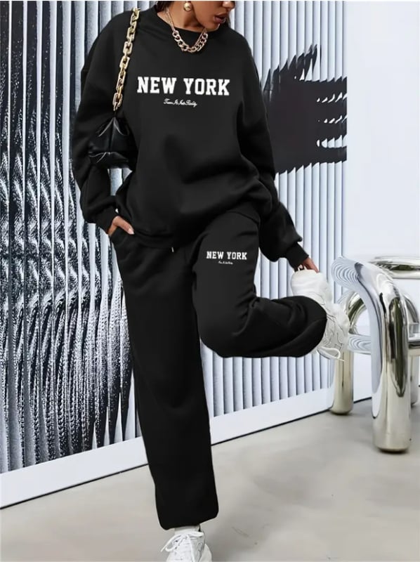 Costum de damă din două piese, casual, cu imprimeu litere, din poliester, guler rotund, mâneci lungi, iarna 2024